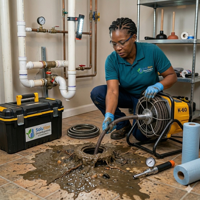 Técnico Solution realizando desentupimento profissional